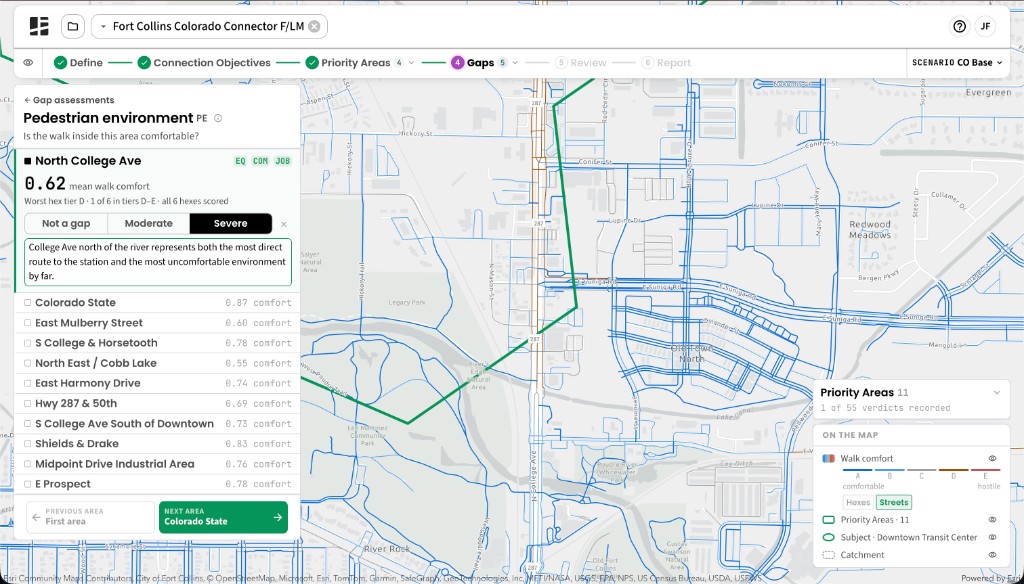 Pedestrian environment assessment for North College Ave with Severe selected and a note reading College Ave north of the river represents both the most direct route to the station and the most uncomfortable environment by far, over a street-level walk comfort map.