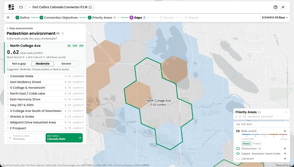 Pedestrian environment assessment for North College Ave showing a mean walk comfort of 0.62, a suggested verdict of Moderate, and the area's cells shaded by comfort tier on the map.