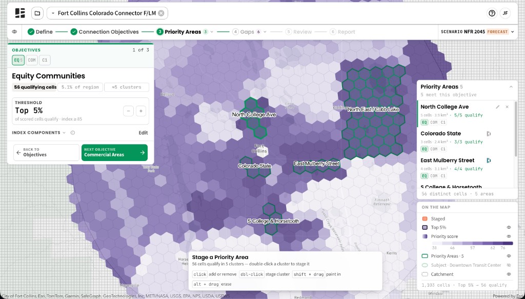 Priority Areas stage showing the Equity Communities index across Fort Collins at a Top 5% threshold, with five outlined Priority Areas and a panel listing them.