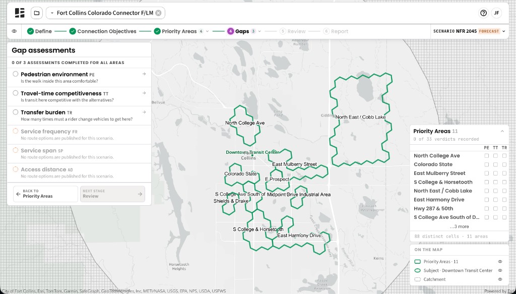 Map of Fort Collins with 11 outlined Priority Areas around the Downtown Transit Center subject, including North College Ave, East Mulberry Street, Colorado State, S College and Horsetooth, East Harmony Drive, and North East / Cobb Lake.