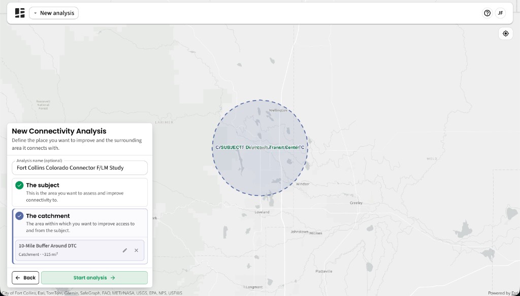 New Connectivity Analysis screen showing the named Downtown Transit Center subject and retained 10-Mile Buffer Around DTC catchment, with Start analysis enabled.