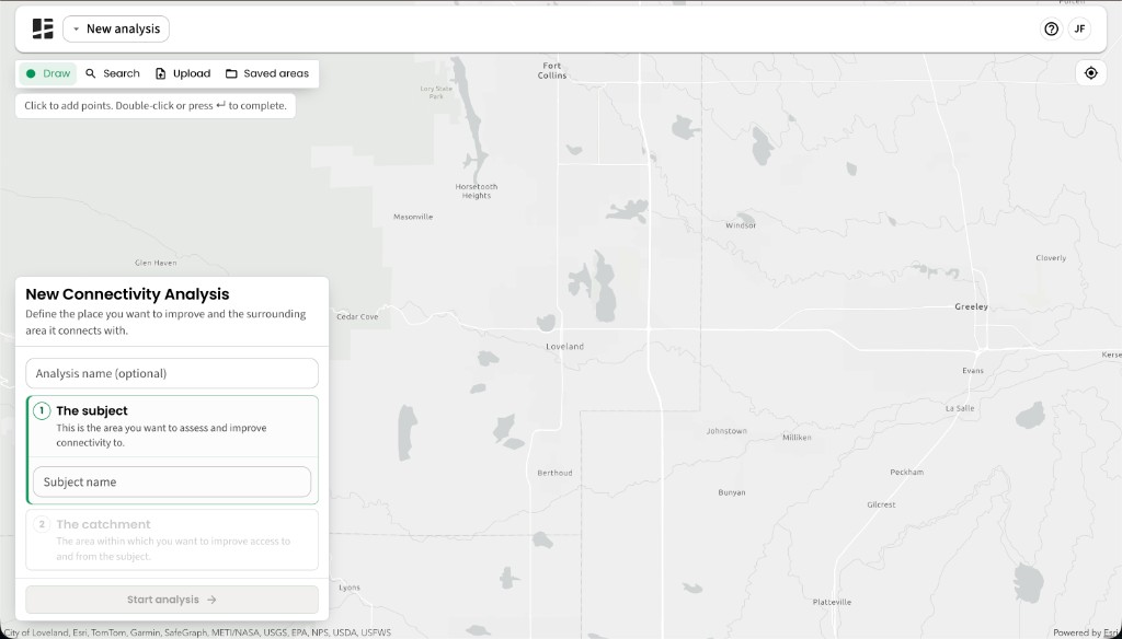 New Connectivity Analysis screen over a regional map, with Draw, Search, Upload, and Saved areas controls and an active Subject name field.