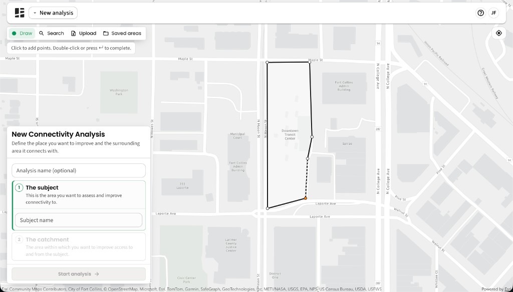 New Connectivity Analysis screen zoomed to downtown Fort Collins, with a polygon drawn around the Downtown Transit Center and the Subject name field active.