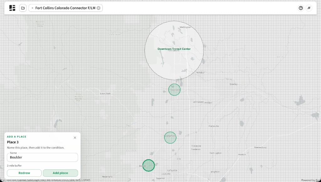 Add a Place dialog naming Boulder with a two-mile buffer, while Loveland, Longmont, and Boulder station areas are outlined on the map.