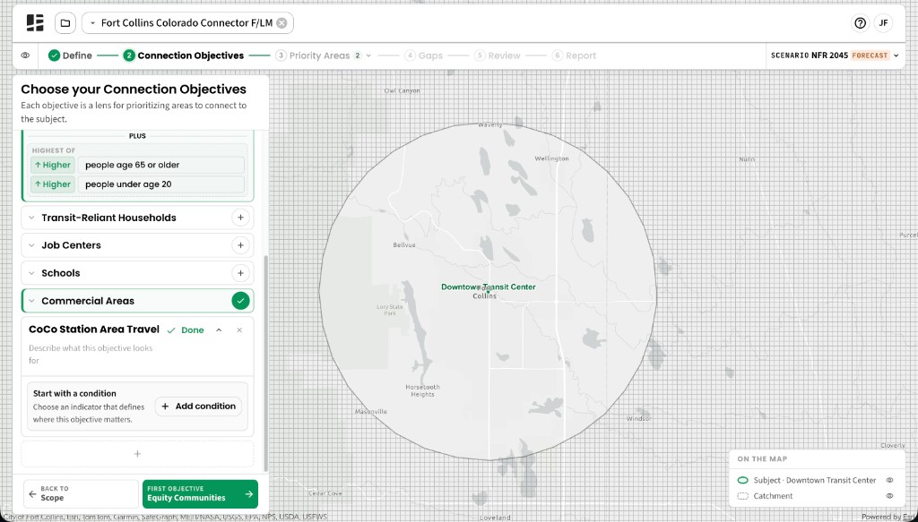 Connection Objectives panel with Equity Communities and Commercial Areas retained and a new CoCo Station Area Travel objective awaiting its first condition.