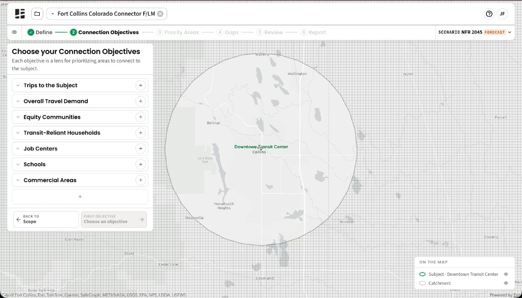 Connection Objectives stage for the Fort Collins analysis, with the Scenario control set to NFR 2045 Forecast.