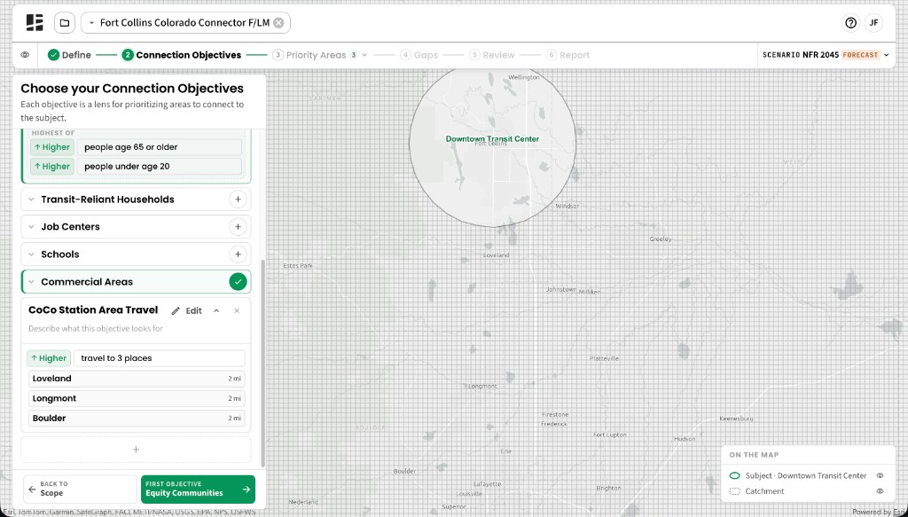 CoCo Station Area Travel objective showing a higher travel-to-three-places condition and the retained Loveland, Longmont, and Boulder two-mile areas.